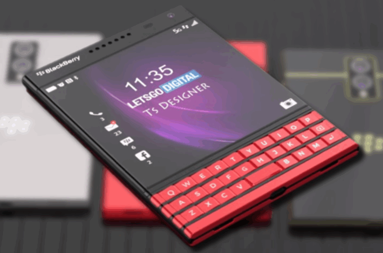 Front view of the BlackBerry Passport smartphone with red keyboard