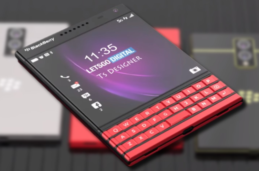 Front view of the BlackBerry Passport smartphone with red keyboard