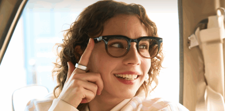 Girl using Smart AI Glasses at work.
